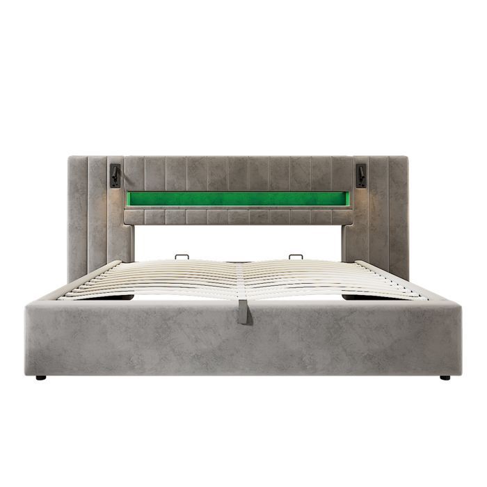 Cama con almacenamiento tapizada EVRYAE de 180x200 cm en terciopelo gris, diseño elegante y funcional.