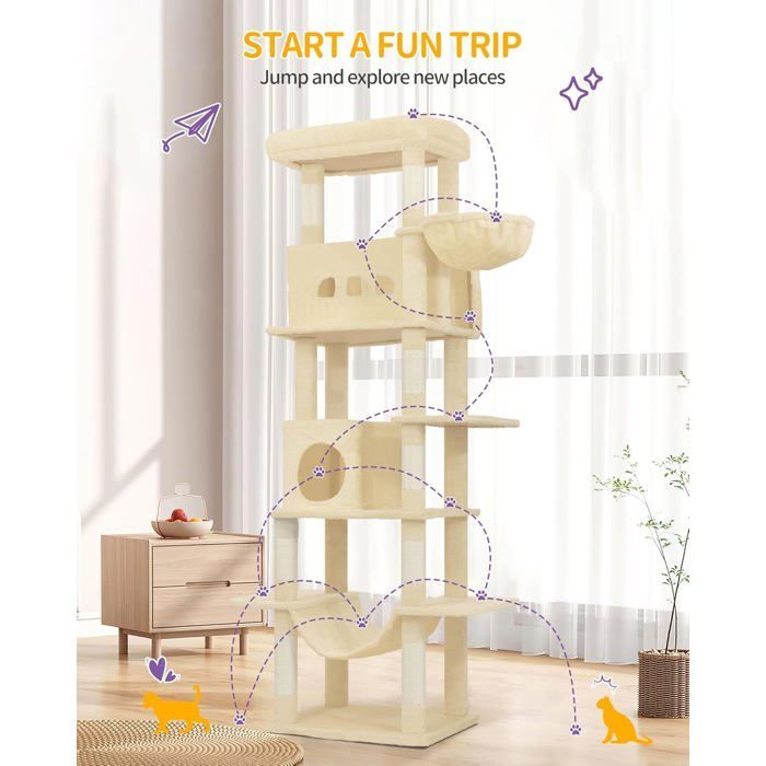 Árbol rascador grande para gatos de 210 cm, torre para gatos de interior, con percha grande, alfombrilla lavable, 2 cuevas para gatos, hamaca, color beige.
