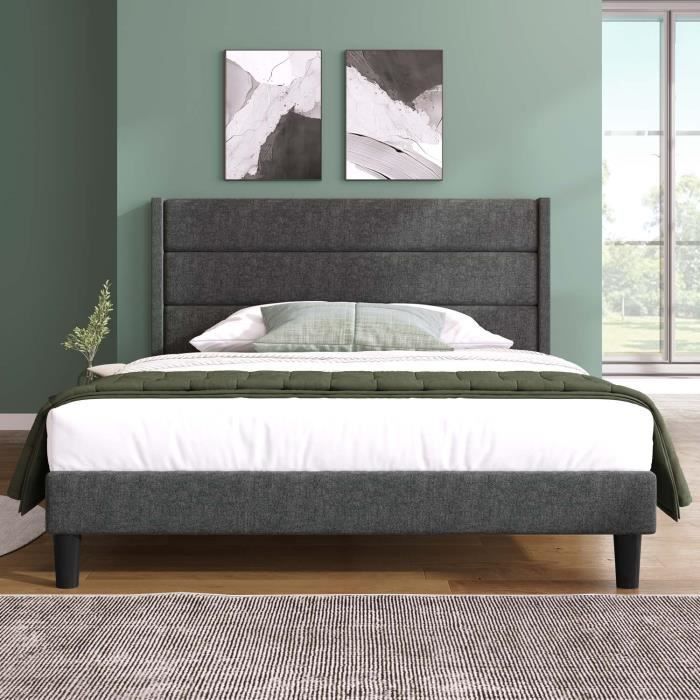Erwachsenenbett mit Samtbezug, Bettgestell und Kopfteil – MODERNLUXE – Dunkelgrau – Lattenrost – 140 x 200 cm