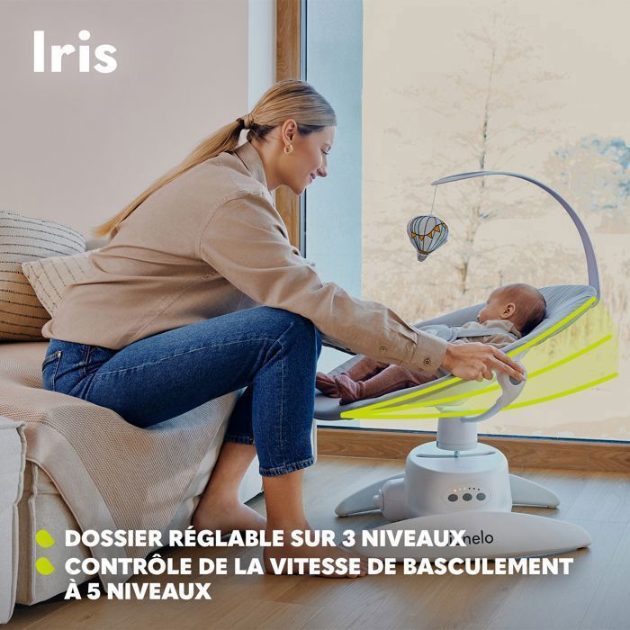 LIONELO Iris Altalena elettrica per neonati a 360° - Leggera - Dondolo - 12 melodie - 3 modalità - 5 velocità - Fino a 9 kg - Grigio