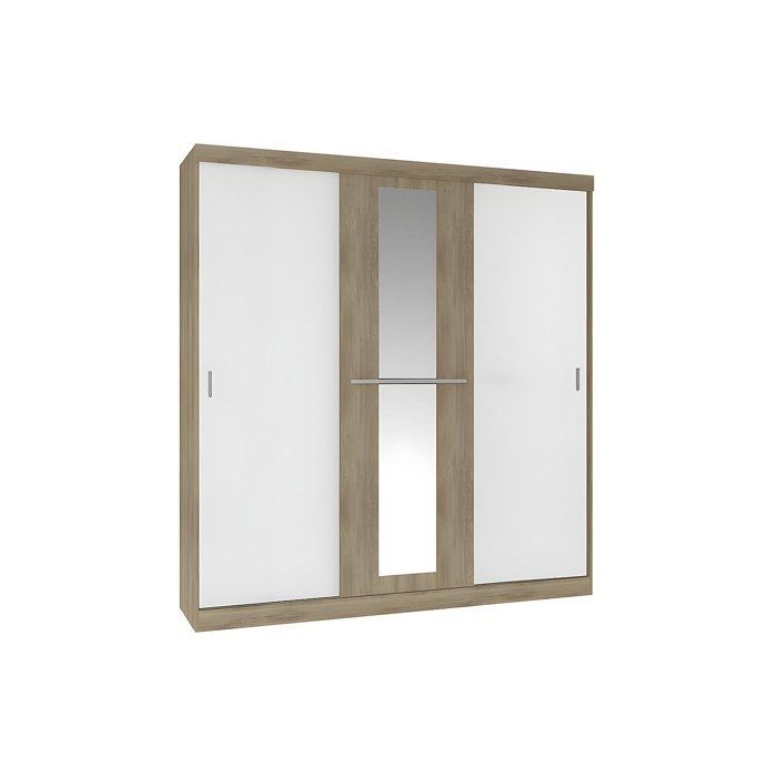 Guarda-roupa de 3 portas de correr com espelho - 205 cm de largura - Natural e bege - DIDDA II