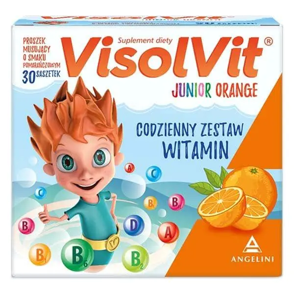 Visolvit Junior Orange, Zestaw witamin w saszetkach dla dzieci powyżej 3. roku życia, Smak pomarańczowy
