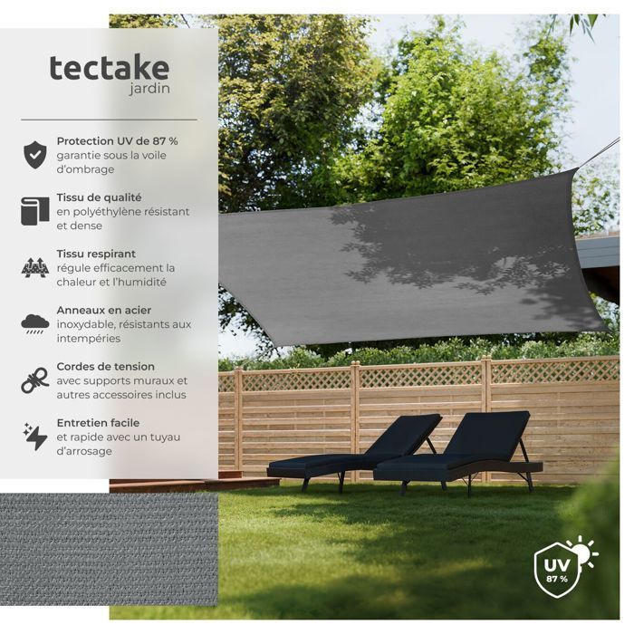 Vela de sombra - TECTAKE - SUNNY para exteriores, protección solar en HDPE resistente al desgarro con protección UV impermeable, 4x6m - Gris