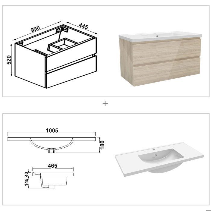 Mueble de baño AICA de 100 cm en roble Wotan brillante con 2 cajones de cierre suave y lavabo individual de cerámica.
