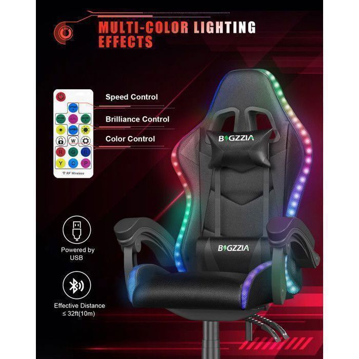 Sedia da gaming con effetti luminosi a LED, poltrona con supporto lombare e poggiatesta, schienale regolabile in altezza, nera