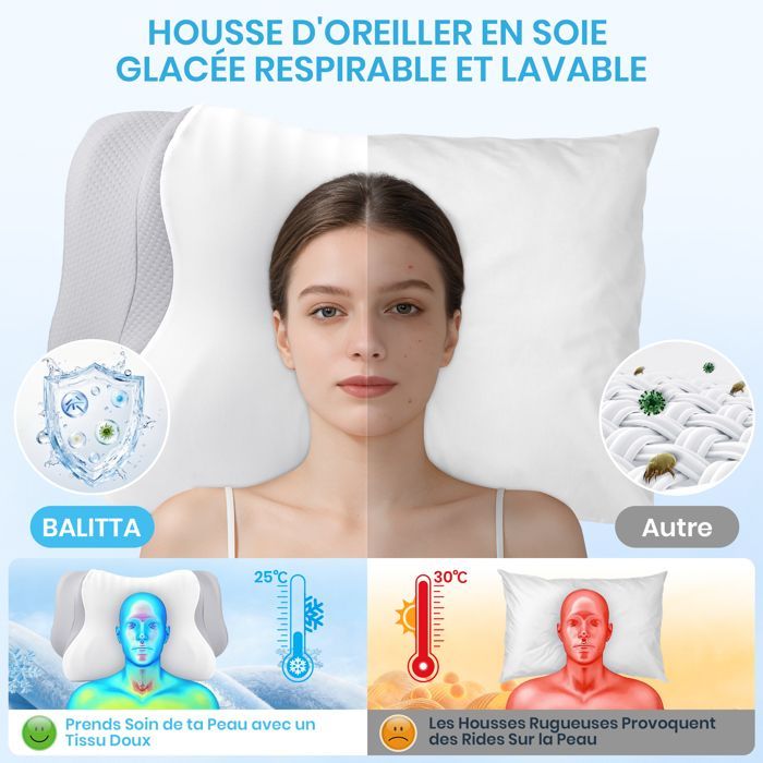 Oreiller Ergonomique Cervical ,Oreiller Memoire Forme pour la Nuque Taie d'oreiller en soie glacée , 62 x 37.3 x 14.4/9cm Gris Blanc
