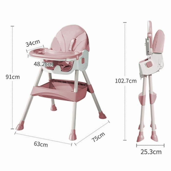 Baby/Toddler High Chair - Adjustable Height - Removable Tray - 5-Point Harness, 3-in-1 Wheeled Toddler Chair - Pink