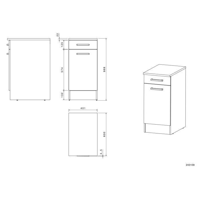 Mueble bajo de cocina OSLO - Blanco - Ancho 40 x Profundidad 60 x Alto 86 cm - 1 puerta + 1 cajón