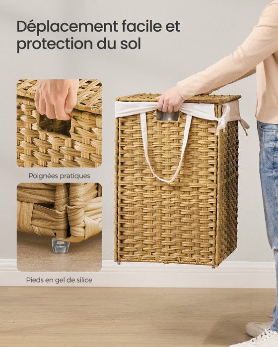 Cesta de almacenamiento, cesto de ropa sucia de 160 L con tapa, plegable, bolsas de tela y asas extraíbles, color madera.