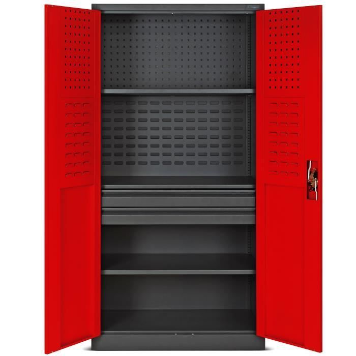 Armoire à Outils TC02AM Armoire Meuble d'atelier avec tiroirs Portes battantes 3 étagères 185 x 92 x 50 cm (Anthracite/Rouge)