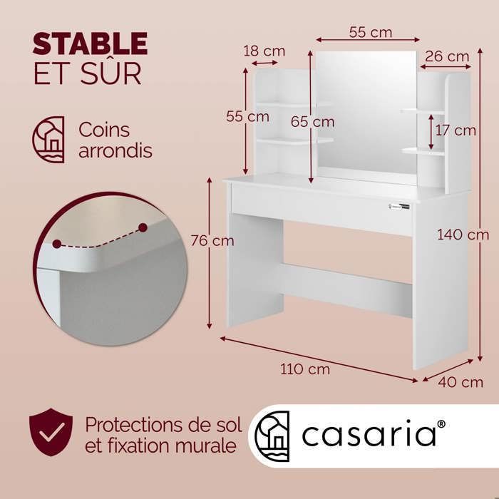 Casaria Lucia White Dressing Table with LED Drawer, Makeup Table, Mirror, Bedroom Dressing Room Storage, 3 Compartment Drawer