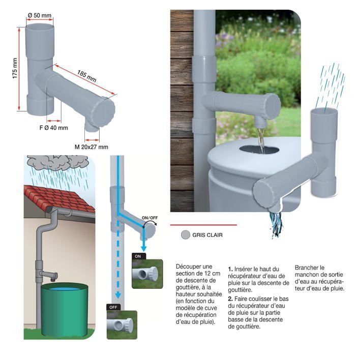 Conector de recuperación de agua de PVC - Jardibric - Ø50 mm - Salida roscada 20x27 - Instalación rápida