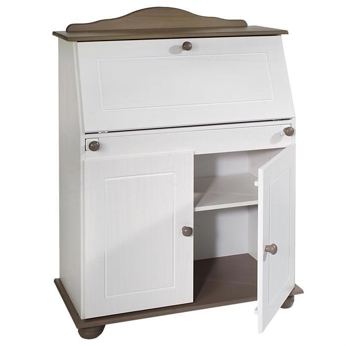Bureau secrétaire DAVID avec abattant rangement plusieurs étagères 2 portes plan de travail rabattable, en pin massif taupe et