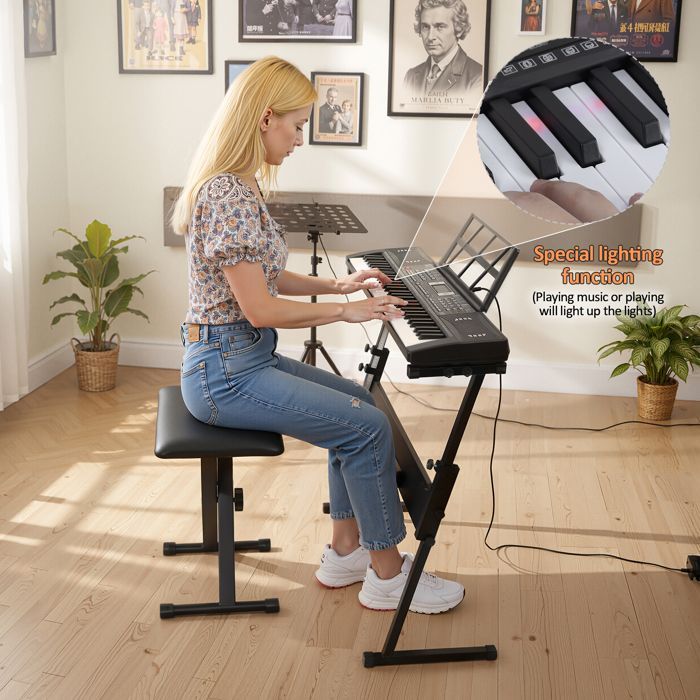 Piano digital portátil de 61 teclas, kit completo con soporte, asiento, auriculares y micrófono, multifuncional para niños y adultos.