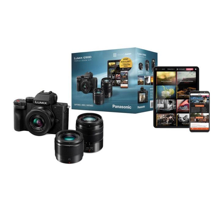 Kit fotocamera ibrida Panasonic Lumix G100D + obiettivo standard 12-32 mm + obiettivo fisso 45-150 mm + teleobiettivo 25 mm