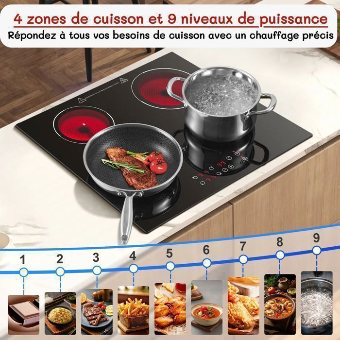 Plaque Vitrocéramique 4 feux , Plaque de cuisson Electrique 60cm, 6000W, 9 Niveaux, Minuterie 1-99 min,Pour toutes les Casseroles