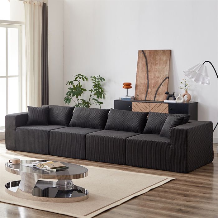 Sofá modular DRIPEX de 4 lugares em veludo cotelê, 335 cm, sofá estofado compacto com 4 almofadas, combinação livre, preto.