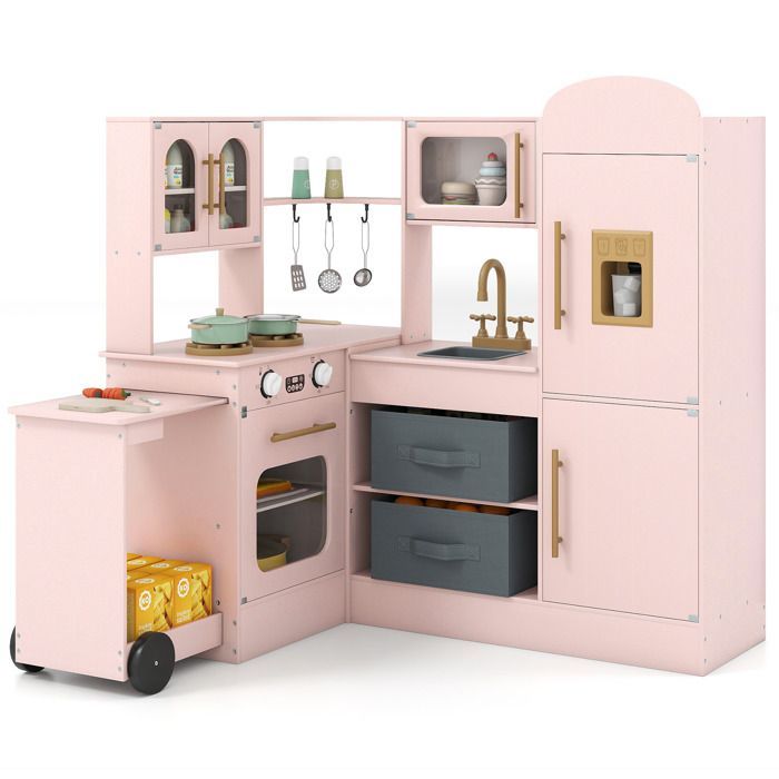 Cocina interactiva de madera para niños COSTWAY XXL - Para mayores de 3 años con bandeja retráctil, luces y sonidos, 16 accesorios, color rosa.