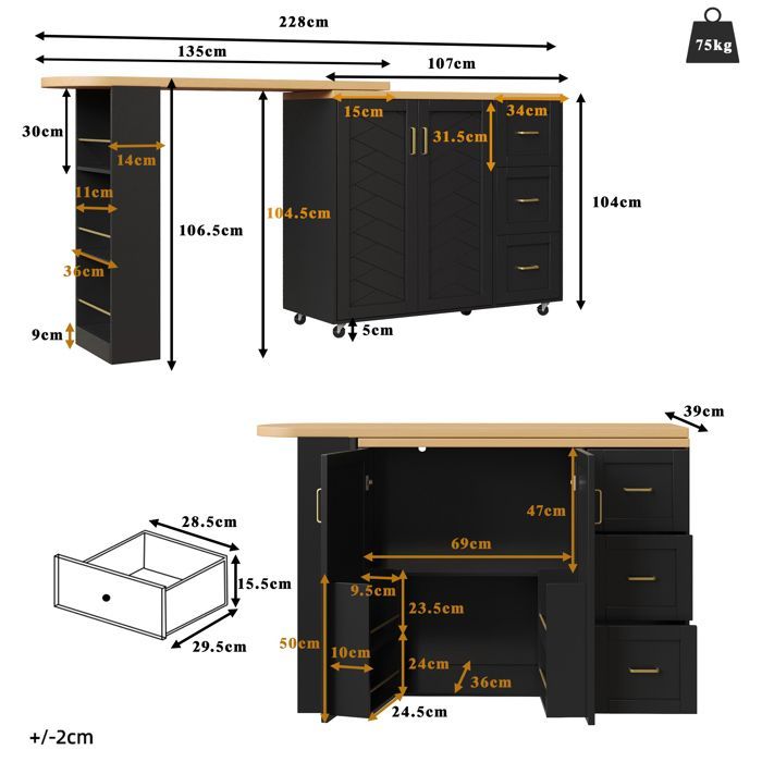 Buffet Cuisine,Îlot de Cuisine Extensible 135-228×39×104 cm,Avec 2 Portes 3 Tiroirs,Plateau Finition Bois, Roulant,Noir
