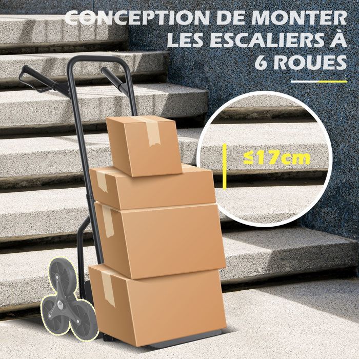 Carretilla elevadora para escaleras - DURHAND - plegable - 120 kg - 6 ruedas - cuerdas telescópicas - estructura de acero - 44x38x106,5 cm - negra