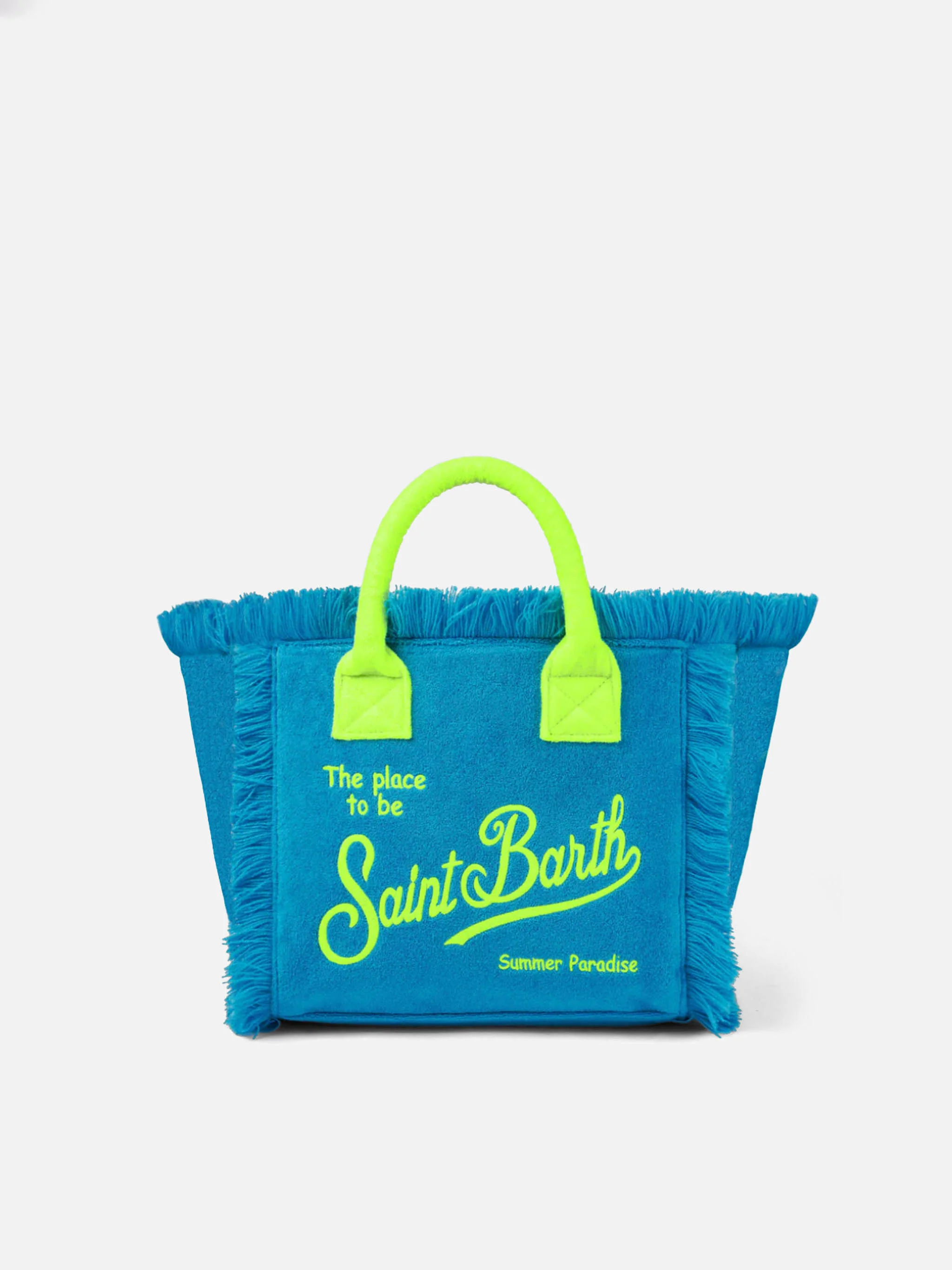 Colette turquoise badstof handtas met franjes | Geel Saint Barth-logo | Binnenklep met metalen ritssluiting | Binnenvak met ritssluiting | 100% katoen