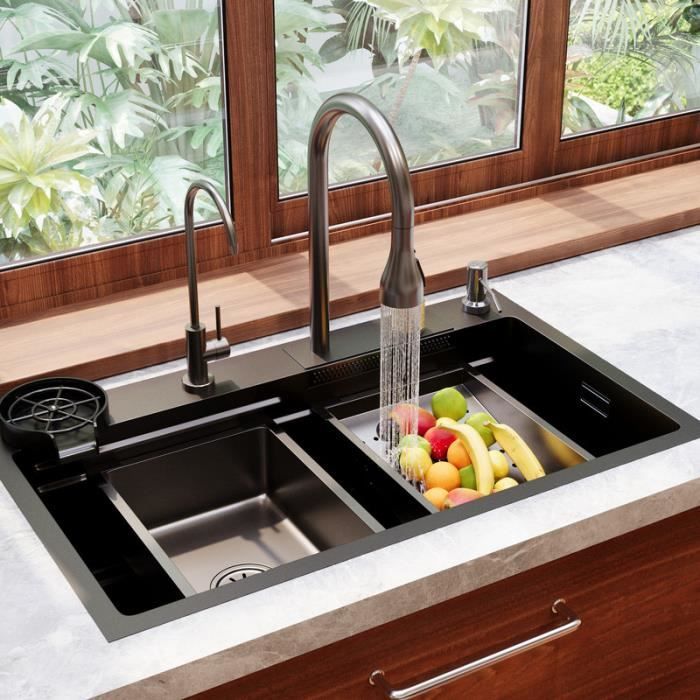 Lavello da cucina a cascata Deervalley DV-EU1K0183 nero, 75 cm x 46 cm, con accessori, vasca singola con guarnizione in vetro.