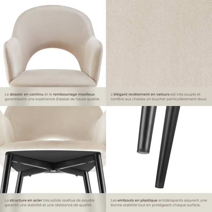 Cadeiras - TECTAKE - Conjunto de 6 poltronas SACHEL com estofamento em veludo, capacidade máxima de carga 120 kg, com pés de aço - Creme