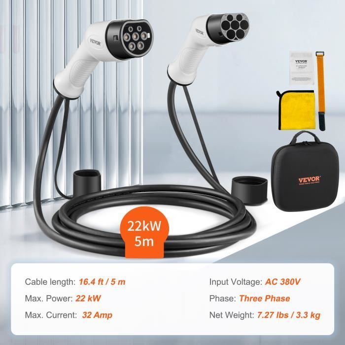Cable de carga para vehículos eléctricos de 5 m, tipo 2 a tipo 2 - VEVOR - Cargador para coches eléctricos de 32 A, 5 m y 22 kW