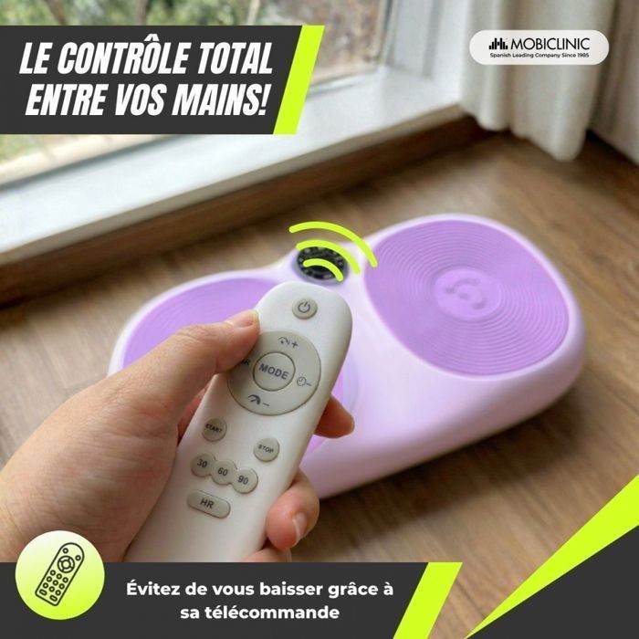 Plataforma vibratoria Mobiclinic con control remoto, 99 niveles de velocidad, bandas de resistencia, 9 programas, pantalla morada, Karol