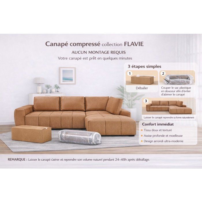 Sofá modular comprimido de 3 plazas - FLAVIE - Tela gris claro - 283 x 193 x 86 cm