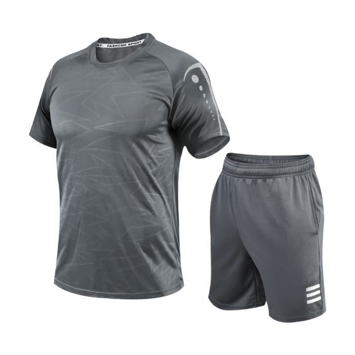 Conjunto deportivo para hombre - Marca - Manga corta - Gris - Transpirable - Fitness de verano
