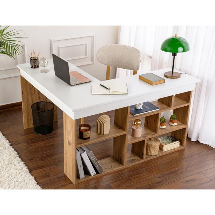 CALICOSY - Bureau d'angle avec rangements décor blanc et pin atlantique L130 cm - VESPER - Blanc