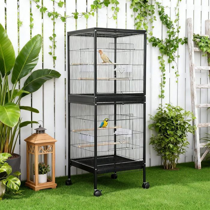 Grande Cage à Oiseaux 52 x 50 x 143 cm avec Support et 4 perchoirs - Cage à Oiseaux avec roulettes