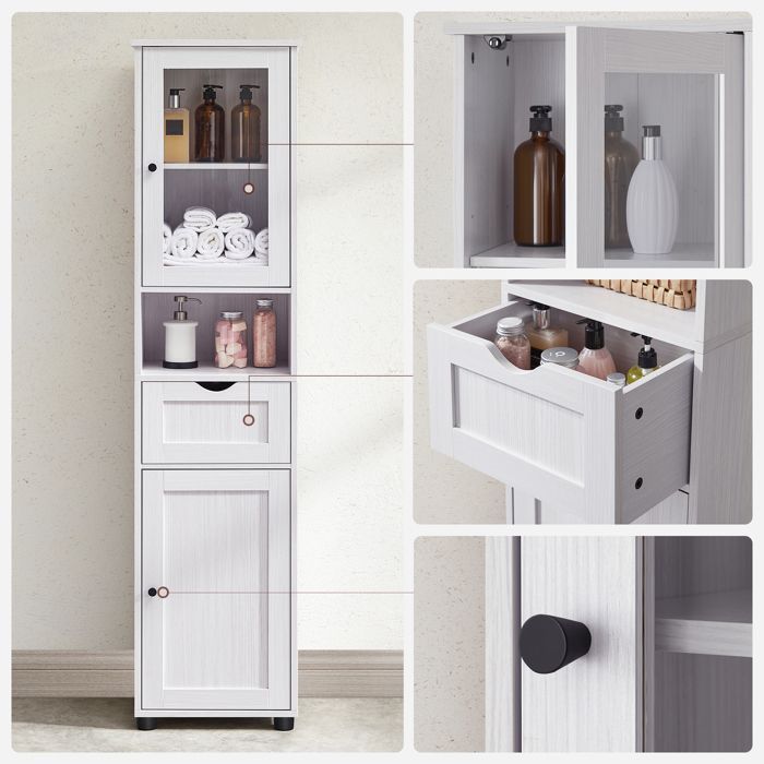 VASAGLE Bathroom Cabinet, Tall Storage Unit with Adjustable Shelves, Door Cabinets, Drawer, Compartment, White Maple