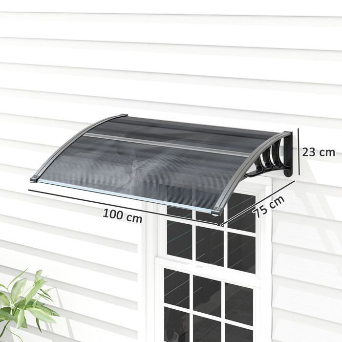 Toldo para puerta de entrada - Outsunny - protección contra la lluvia y los rayos UV - policarbonato y aluminio - 100 x 75 cm - negro
