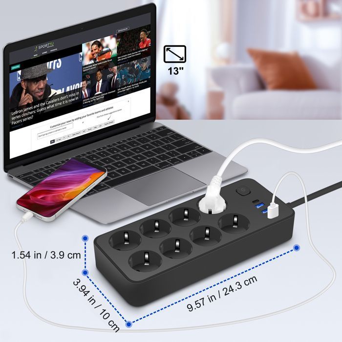 Regleta con interruptor - UPLAYTECK - 12 tomas de corriente - 8 tomas europeas - 3 puertos USB-A - 1 puerto USB-C