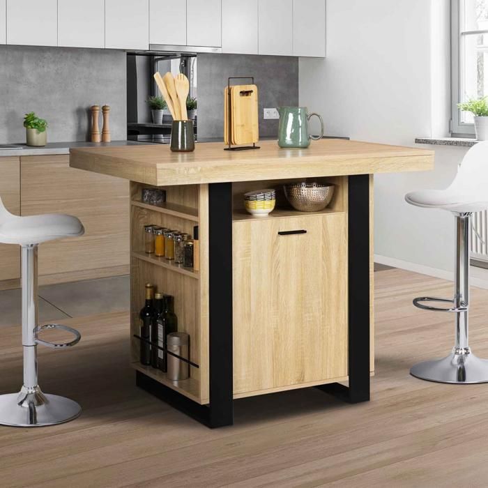 IDMARKET Ilot central PHOENIX 110 cm bois et noir avec rangements