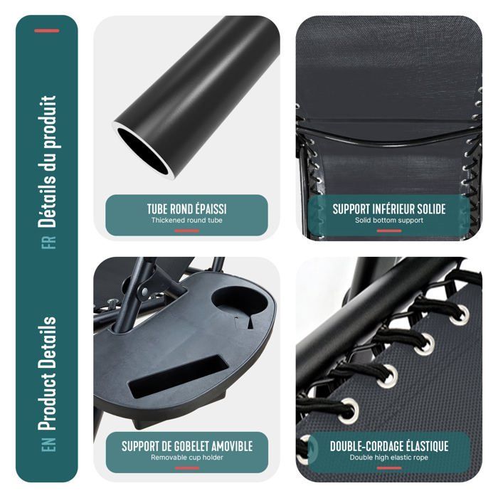 Tumbona reclinable plegable VOUNOT® de Textilene con portavasos - Carga máxima 120 kg - Negra