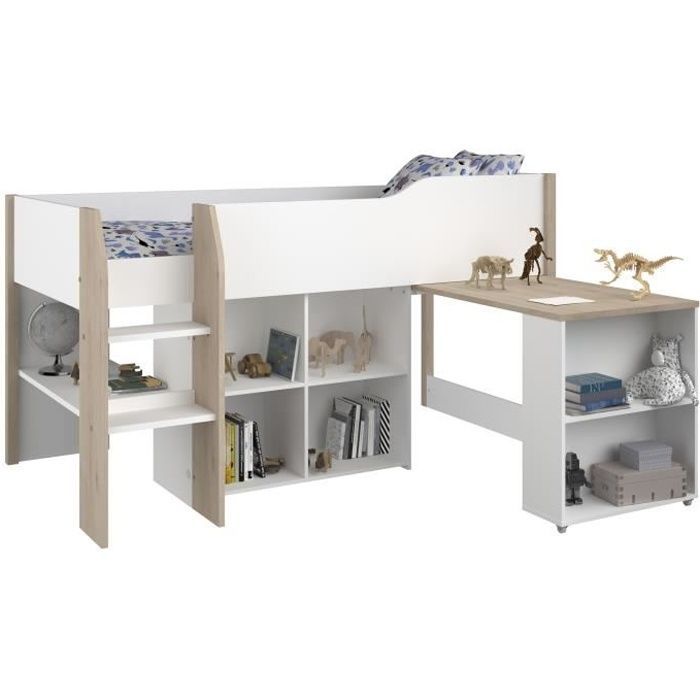 Cama infantil combinada con escritorio retráctil - PARISOT - LIAM - Blanco y roble - Base de láminas incluida - 90x200 cm