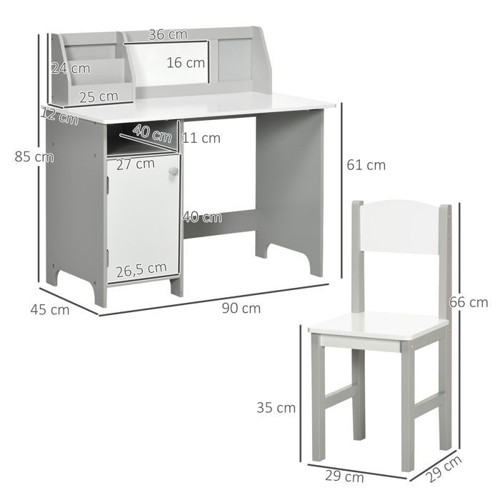 Ensemble table et chaise pour enfant - HOMCOM - avec tableau blanc - bureau pour enfant +5 ans 90L x 45l x 85H cm Gris