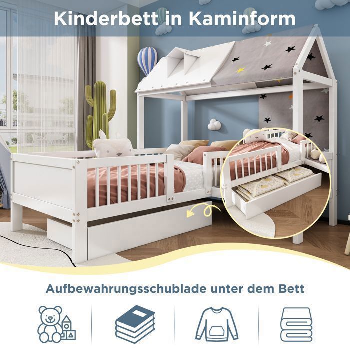 Letto per bambini in legno a forma di casetta, letto singolo, multifunzionale, con tenda in tela e cuscini, cassetti in