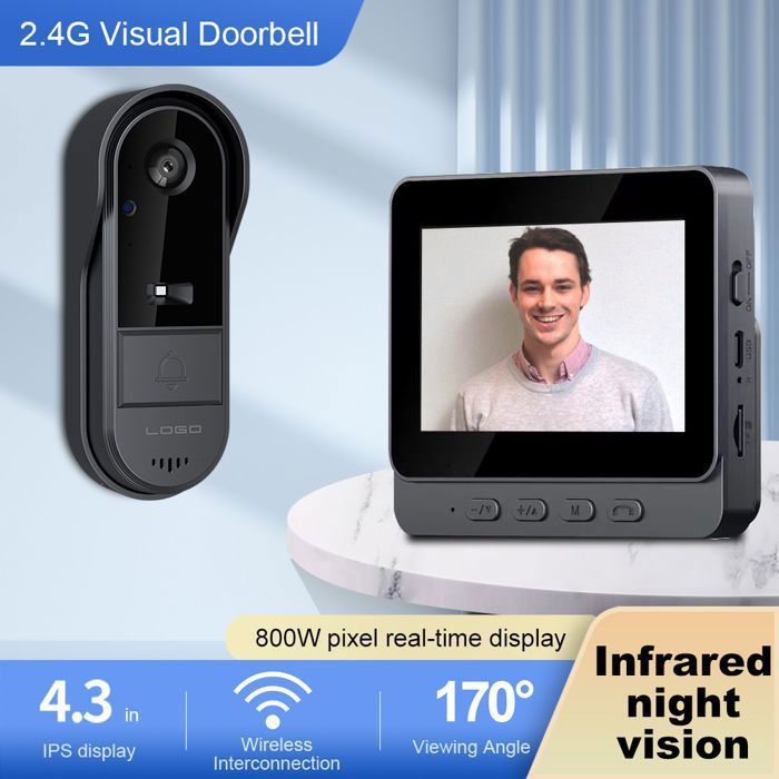 Sonnette visuelle - TIDUCEL - Visiophone - Écran LCD 4,3 pouces - Vision nocturne - Sans fil 2.4G