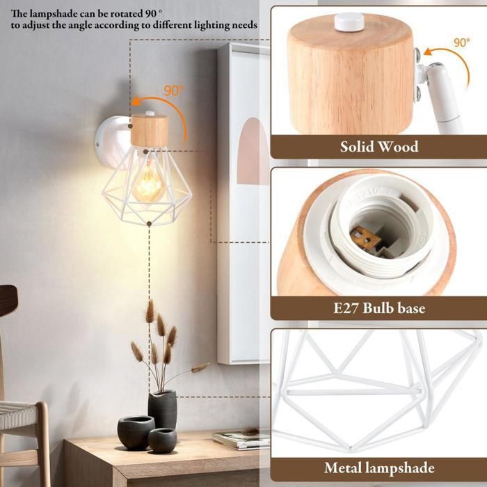 WOTTES Applique murale en bois Moderne intérieure 2 pièces, Ø16cm Blanc Cage lampe murale industrielle pour Cuisine Balcon