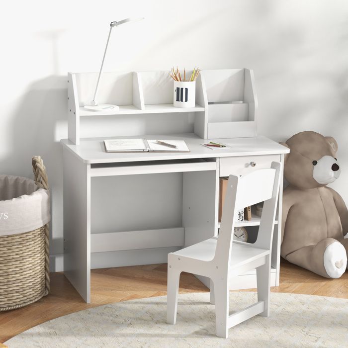 Scrivania per bambini con sedia - ZONEKIZ - vassoio estraibile per tastiera, cassetto, ripiani a giorno e nicchie - 90 x 45 x 90 cm - bianca