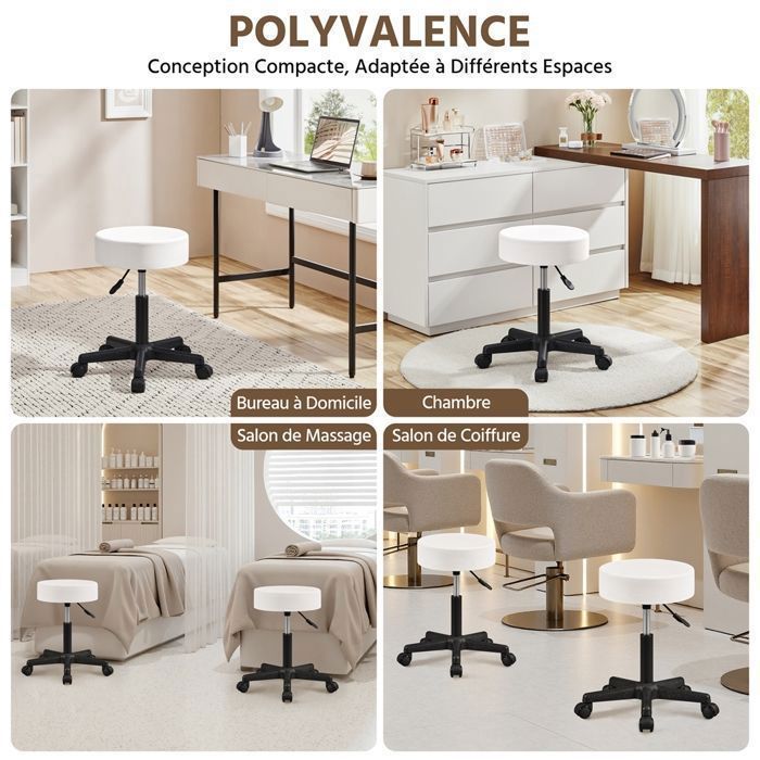 Yaheetech Round Rolling Stool, Height Adjustable 46-61.5 cm, Padded Seat, White Faux Leather Upholstery