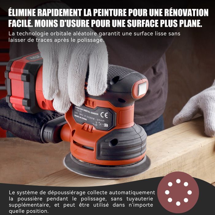 Levigatrice orbitale a batteria TEENO 20V, kit completo con 25 fogli abrasivi, batteria da 4,0 Ah e sistema di aspirazione della polvere.
