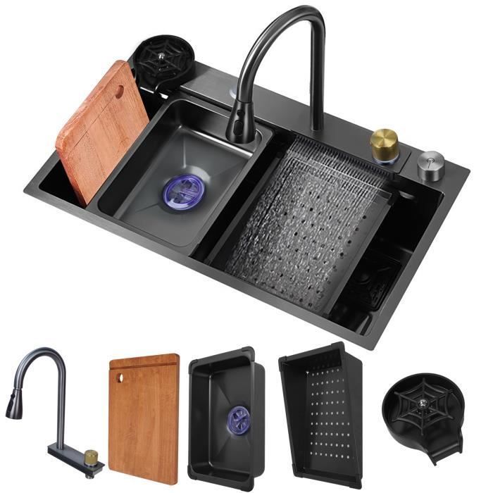 Évier de cuisine DNKELAR®Evier Inox Professionnel 304 ,En granitEnsemble dÉvier Domestique,Intégré avec Robinet Amovible(75×46×24cm)