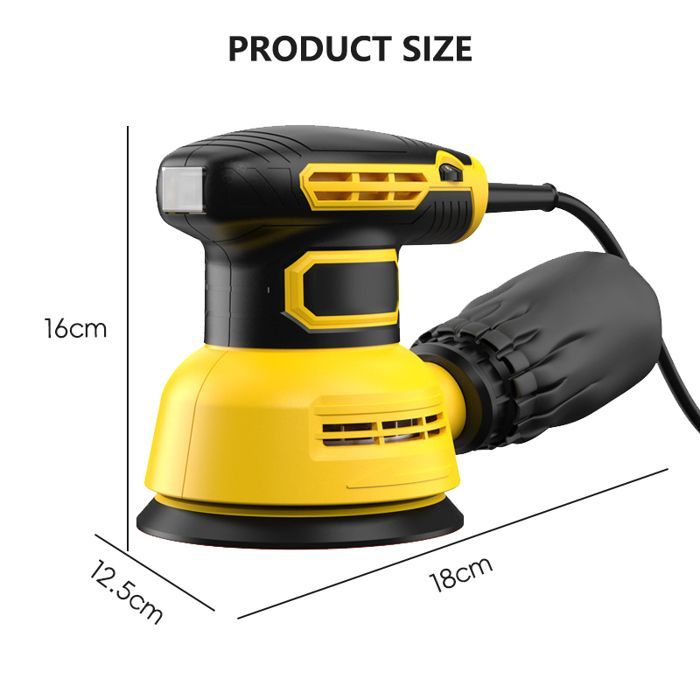 300W 125mm Random Orbital Sander, 12000RPM, Adjustable Speed, with 5 Sanding Discs + Foam and Wool Pad, Dust Collection