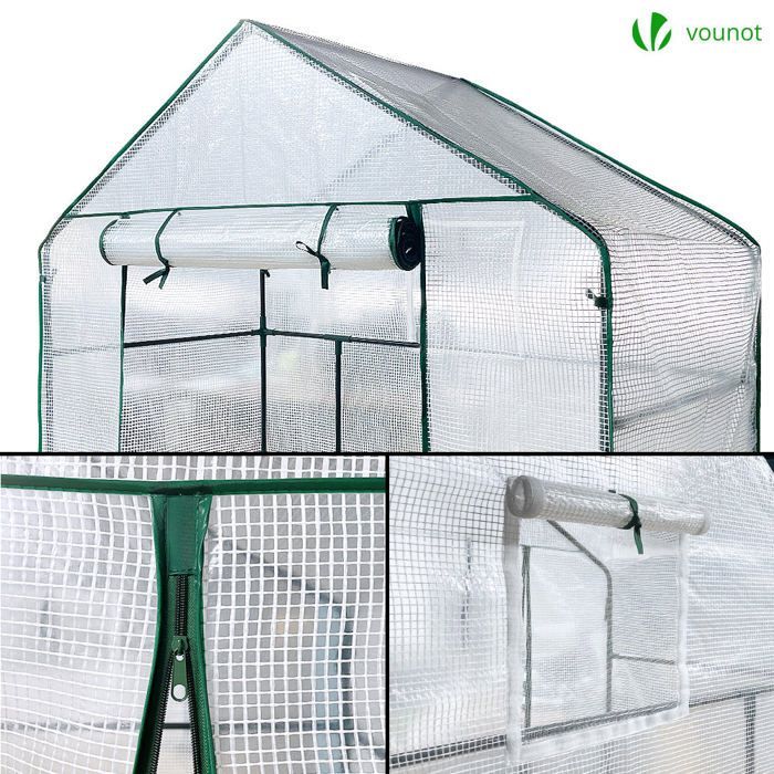 VOUNOT® Serre de jardin avec étagères 143x73x195cm blanc - bâche renforcée 135g/m² - fenêtre moustiquaire - porte enroulable zippée