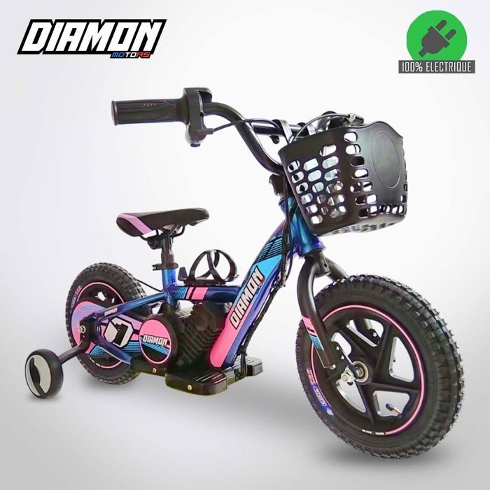 Bicicleta de equilibrio eléctrica DRAXY de 180 W y 12 pulgadas, color rosa, para niños, de DIAMON MOTORS – Batería de litio de 24 V – Limitador de velocidad de 3 velocidades